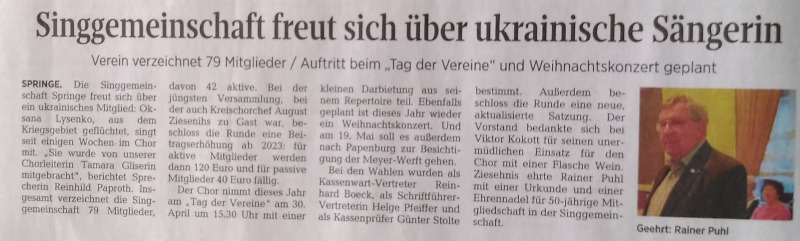 Springer Singgemeinschaft freut sich über ukrainische Sängerin